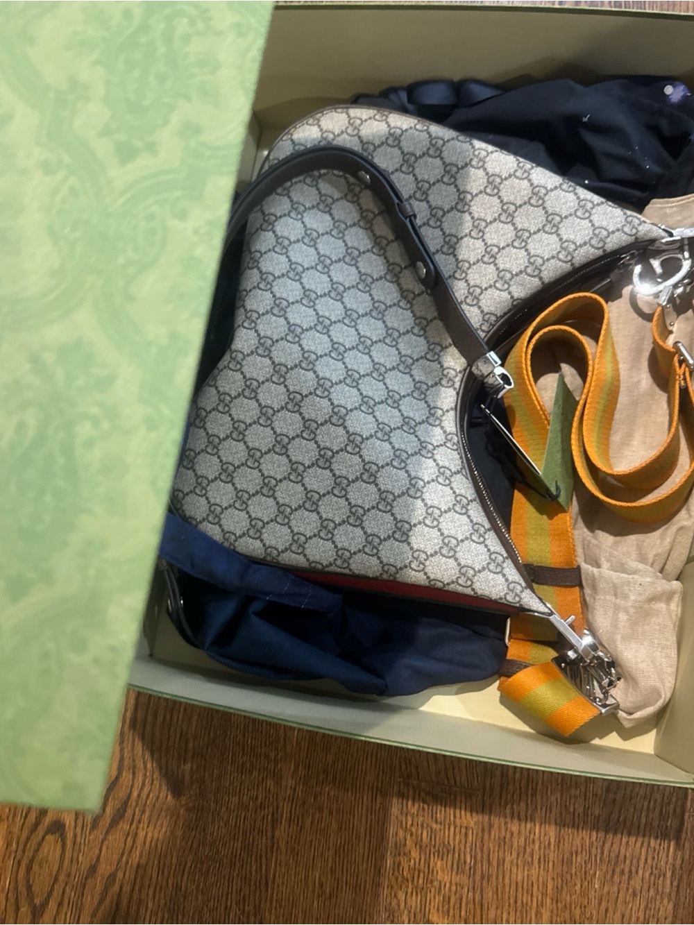 Gucci/Beige GG Supreme Shoulder Hobo Bag with Removable Striped Strap/NWT! - Picture 7 of 16